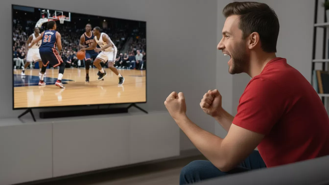 Man cheers as he watches NBA on TV